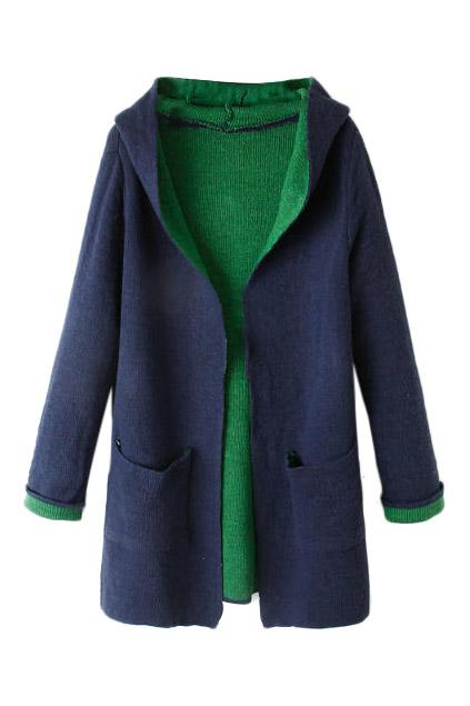 Romwe Pocketed & Hoodied Blue Cardigan