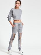 Romwe Grey Drop Shoulder Ripped Detail Top With Drawstring Pants