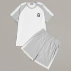 Romwe Guys Skull Patched Heathered Grey Tee And Shorts Pj Set