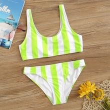 Romwe Neon Lime Striped Top With Seam Bikini Set