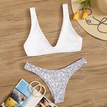 Romwe Plunging Neck Top With Porcelain Print Bikini Set