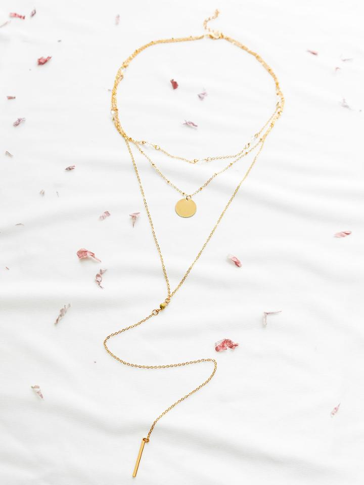 Romwe Gold Layered Bar Pendant Necklace