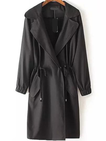 Romwe Lapel Long Sleeve Drawstring Black Coat