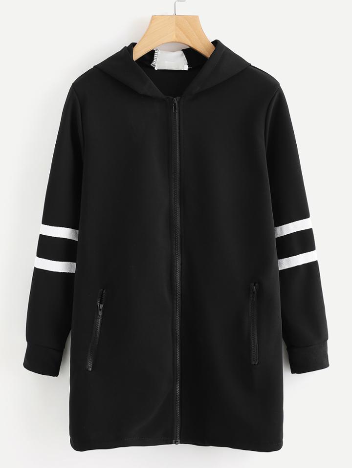 Romwe Varsity Striped Zip Up Hooded Coat