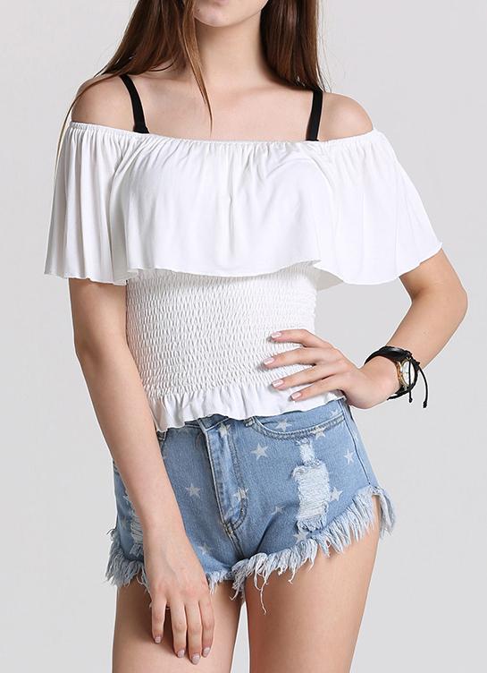 Romwe Off The Shoulder Ruffle Crop Top