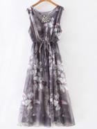 Romwe Grey Gem Beadings Flower Print Tie Waist Maxi Dress