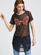 Romwe Black Embroidered Rose Patch Sheer Mesh Dress