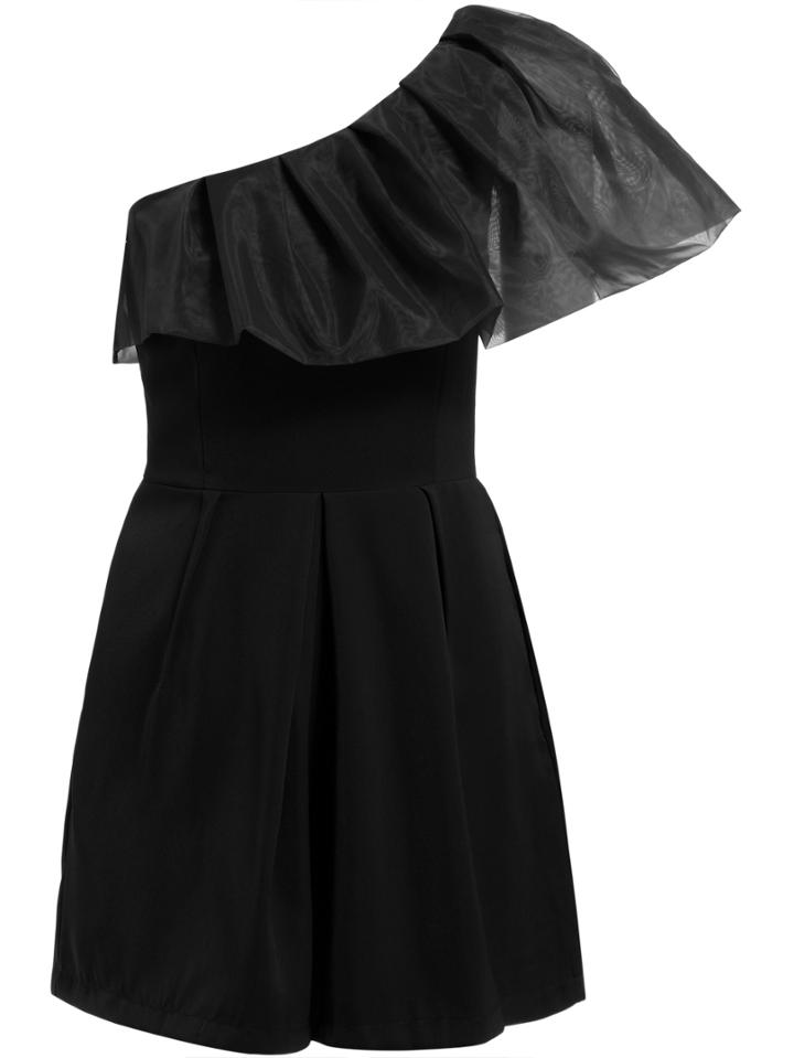 Romwe One-shoulder Ruffle Black Jumpsuit