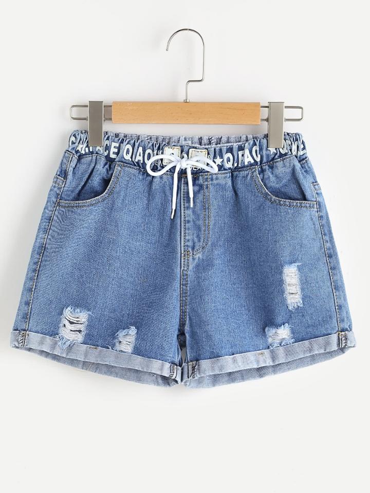 Romwe Letter Print Distress Drawstring Cuffed Denim Shorts