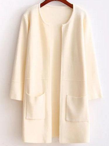Romwe Beige Collarless Longline Cardigan With Pockets