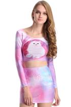 Romwe Romwe Pink Galaxy Cat Print Long-sleeved T-shirt
