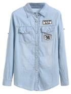 Romwe Blue Embroidered Patch Buttons Denim Shirt