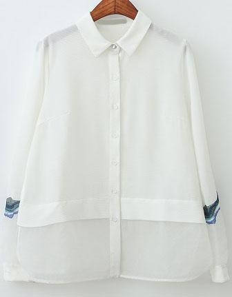 Romwe Lapel With Buttons Embroidered Blouse