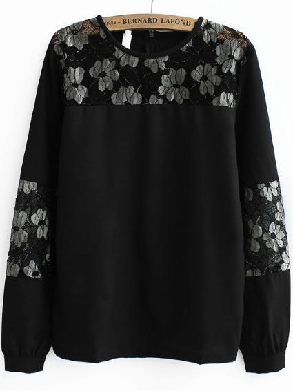 Romwe Lace Insert Long Sleeve Chiffon Black Top