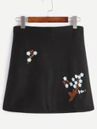 Romwe Black Flower Embroidered A-line Skirt