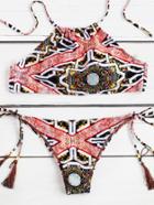 Romwe Tribal Print Bikini Set With Tassel Tie