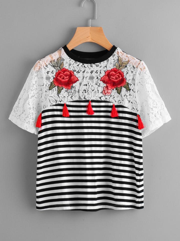 Romwe Rose Patch Lace Yoke Striped T-shirt