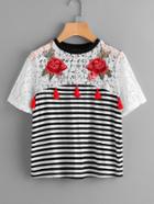 Romwe Rose Patch Lace Yoke Striped T-shirt