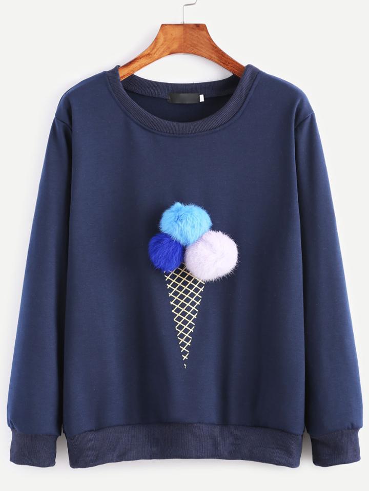 Romwe Navy Ice Cream Print Pom Pom Sweatshirt