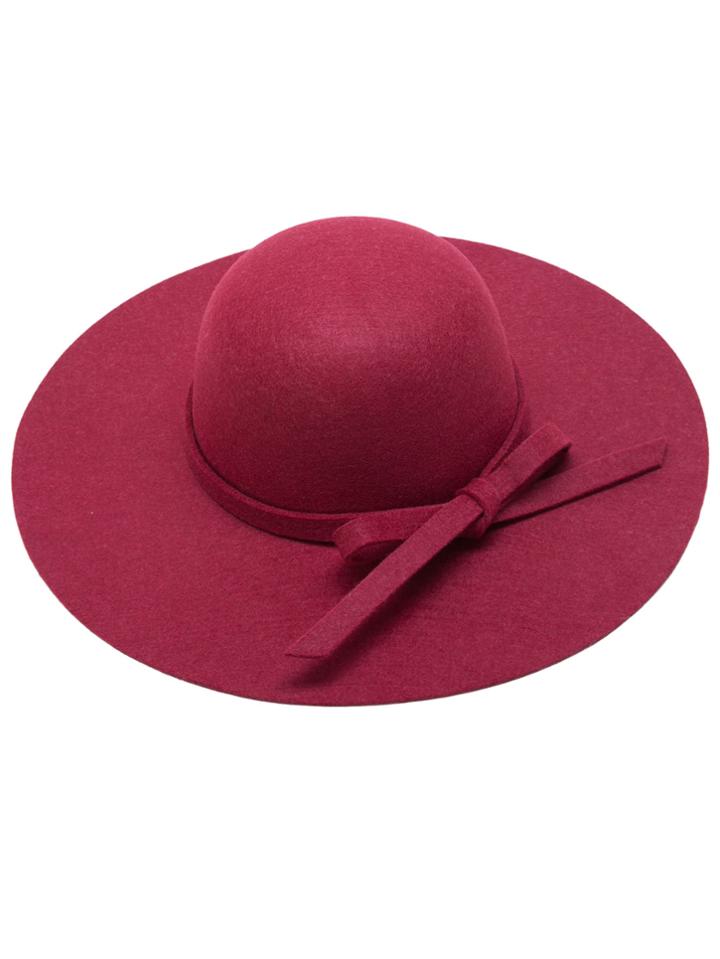 Romwe Burgundy Bow Trim Wide Brimmed Felt Hat