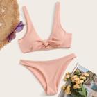 Romwe Tie Front Plunge Neck Textured Bikini Set