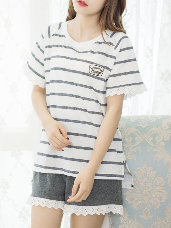 Romwe Lace Trim Striped Tee & Shorts Pj Set