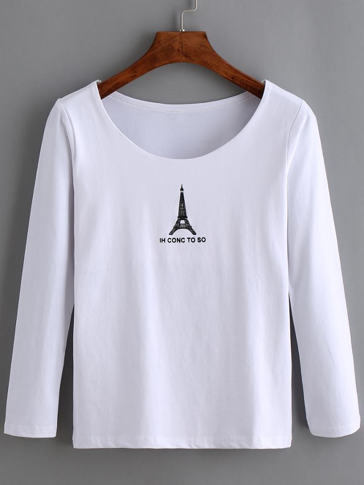 Romwe Eiffel Tower Print White T-shirt
