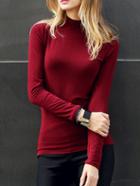 Romwe Mock Neck Long Sleeve Burgundy T-shirt