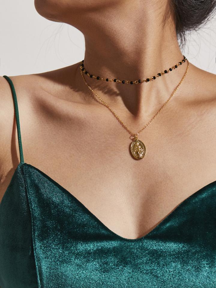 Romwe Round Pendant Beaded Detail Chain Necklace