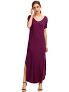 Romwe Purple Short Sleeve Pocket Split Side Dress