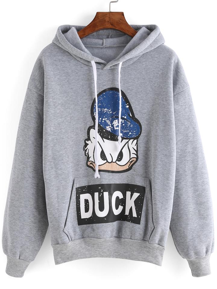 Romwe Hooded Drawstring Cartoon Print Grey Sweatshirt