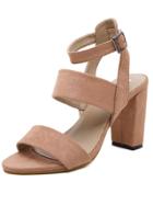 Romwe Camel Peep Toe Chunky Ankle Strap Sandals