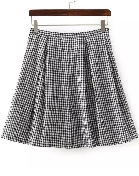 Romwe Black White Plaid Pleated Skirt