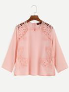 Romwe Pink Embroidered Lace Applique Blouse