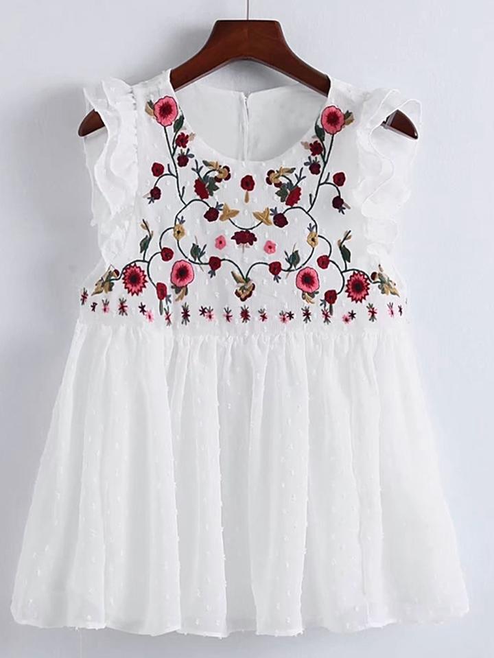 Romwe Flower Embroidery Pleated Hem Ruffle Trim Top
