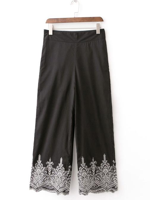 Romwe Black Embroidery Zipper Straight Pants
