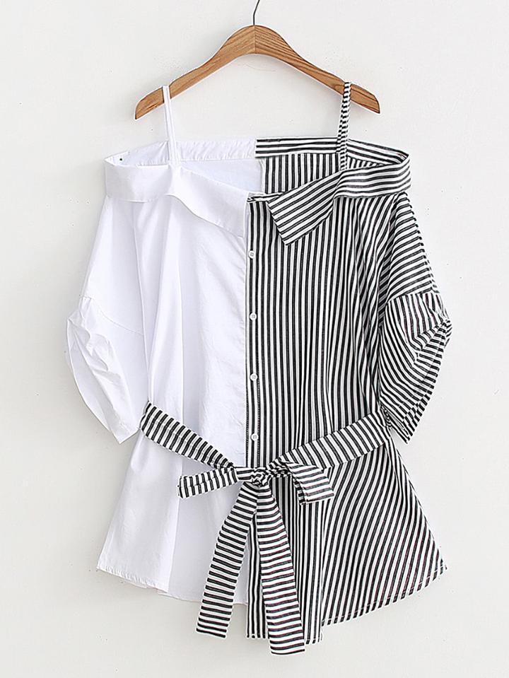 Romwe Collared Cold Shoulder Self Tie Cut And Sew Blouse