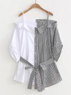 Romwe Collared Cold Shoulder Self Tie Cut And Sew Blouse