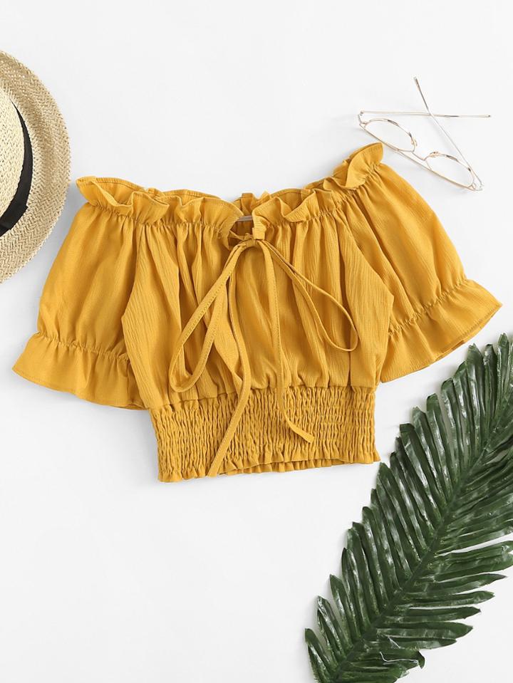 Romwe Flounce Sleeve Frill Trim Smocked Blouse