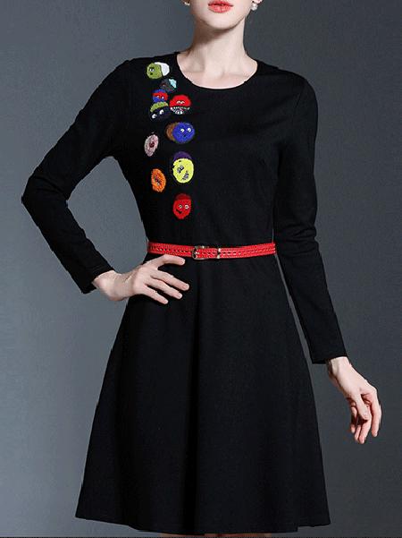 Romwe Black Embroidered A-line Dress