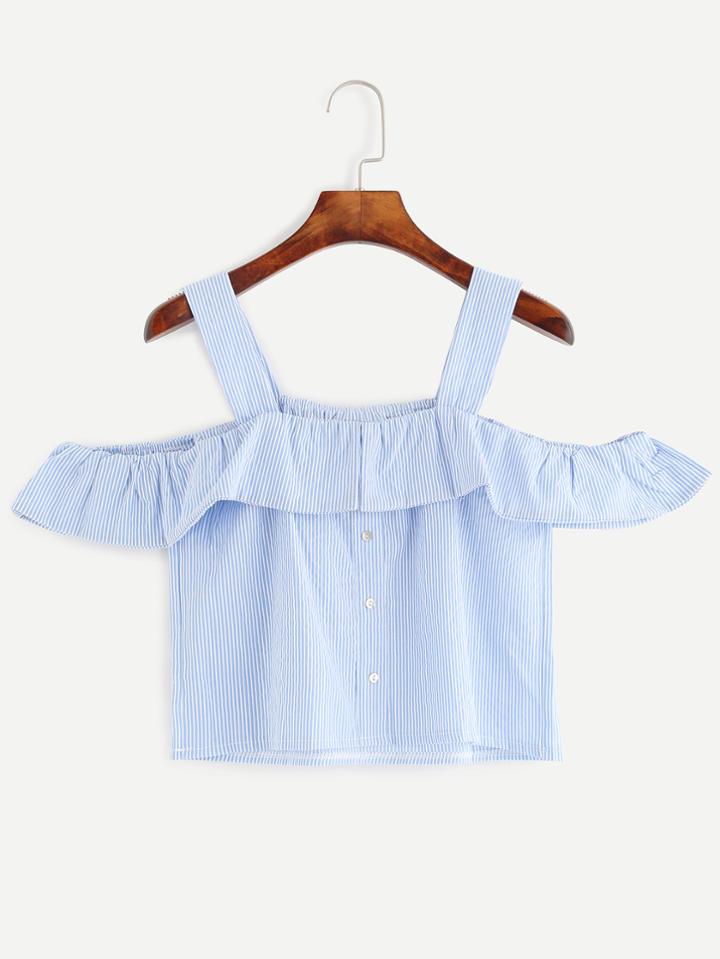 Romwe Blue Striped Cold Shoulder Ruffle Blouse