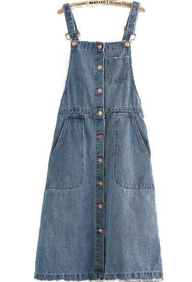 Romwe Straps With Single-breasted Pocket Denim Dress