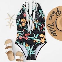 Romwe Random Floral Backless Criss Cross One Piece Swimsuit