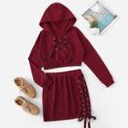 Romwe Lace Up Hooded Top With Skirt