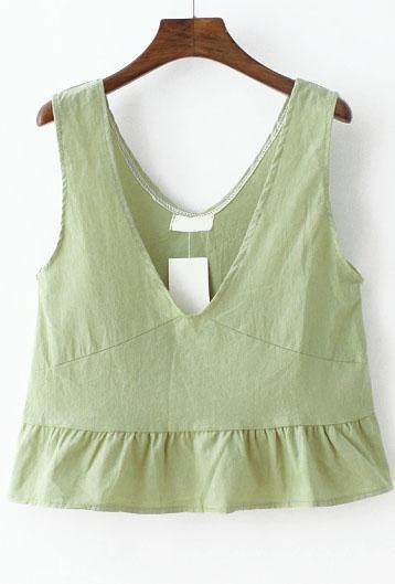 Romwe Deep V Neck Peplum Hem Green Tank Top