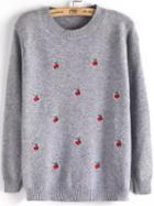 Romwe Cherry Embroidered Loose Grey Sweater