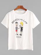 Romwe Ivory Cartoon Print Split Side T-shirt