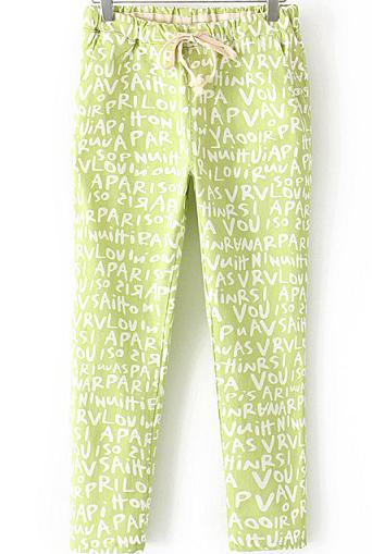 Romwe Drawstring Letter Print Pockets Green Pant
