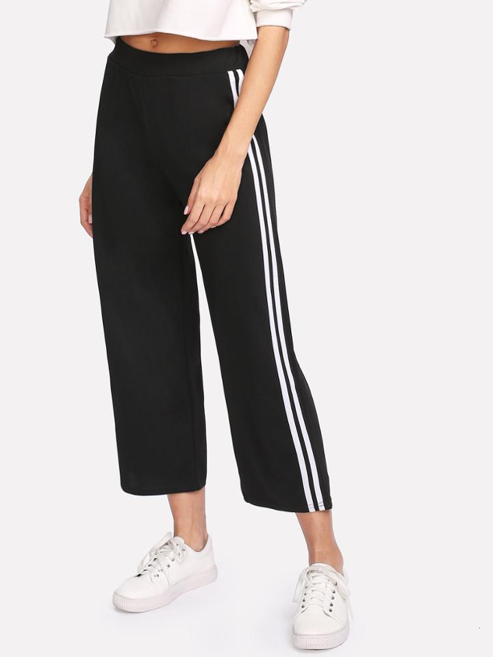 Romwe Elastic Waist Striped Side Wide Leg Pants