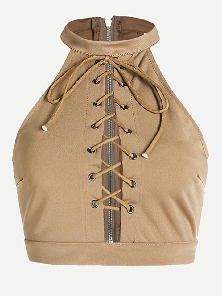 Romwe Crisscross Lace-up Top With Zipper Back